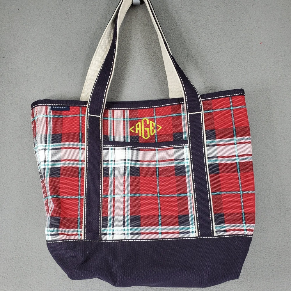 Lands End Tote Bag Red Plaid Canvas Boat Tote AGE Open Top Medium Carryall VTG